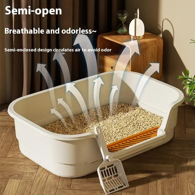 Large Capacity Multifunctional Cat Potty Semi Enclosed Anti-Splash Odor-Resistant Ventilated Cat Toilet Garbage Bin Pet Supplies