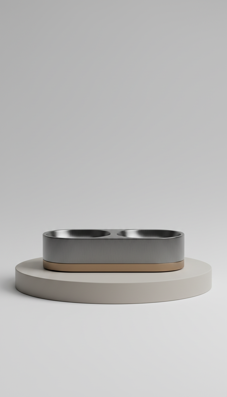 Minimalist brushed metal pet feeder