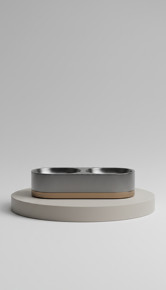Minimalist brushed metal pet feeder
